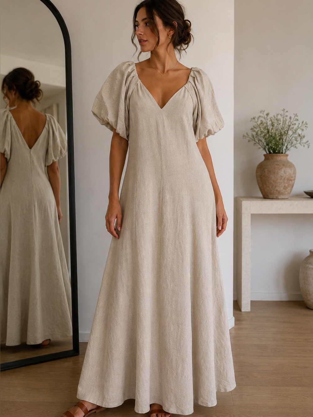 Zara Neutral Puff-Sleeve Maxi Dress in Light Beige